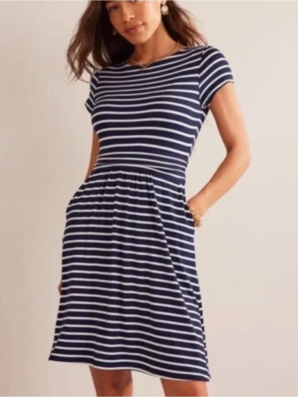 BODEN Amelie Jersey Dress in Navy Blue White Stripe Sz 12R